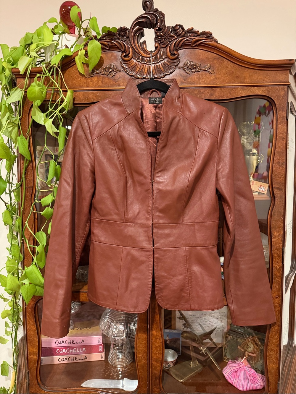 Nicole Miller 100% Leather Cognac Brown Fitted Blazer Jacket Small